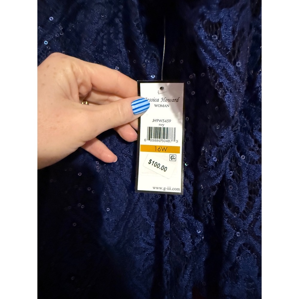 Jessica Howard Womens 16W Navy Blue Sequin Lace Sheath Dress JH9W5459 NWT - Picture 4 of 5